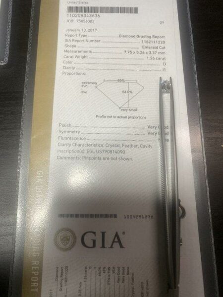 GIA Certified 1.26 Carat D I1 Emerald Cut Diamond - Image 2