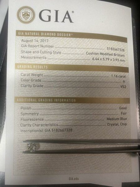 GIA Certified 1.16 Carat H VS2 Cushion Modified Brilliant Diamond - Image 3