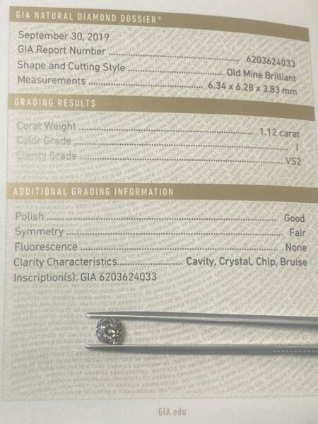 GIA Certified 1.12 Carat I VS2 Old Mine Brilliant Diamond - Image 3