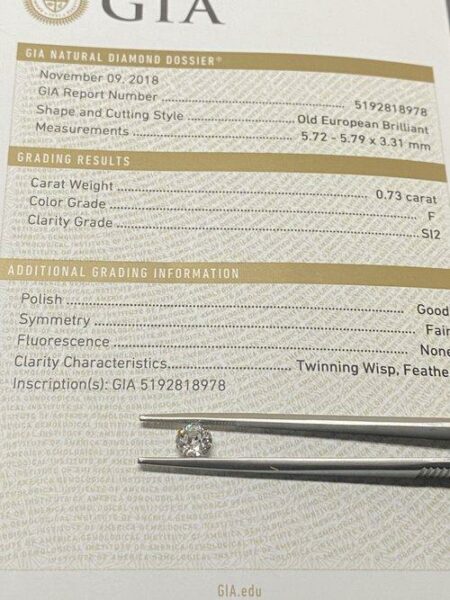 GIA Certified 0.73 Carat F SI2 Old European Brilliant Diamond - Image 3