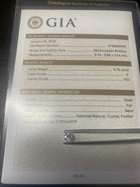 GIA Certified 0.74 E VS2 Old European Brilliant Diamond - Image 3