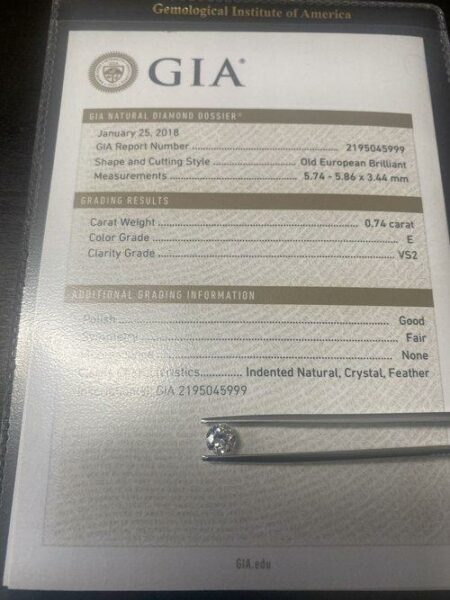 GIA Certified 0.74 Carat E VS2 Old European Brilliant Diamond - Image 3