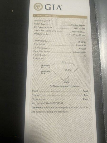 GIA Certified 1.30 CT Faint Gray I2 Round Brilliant Loose Natural Diamond - Image 2