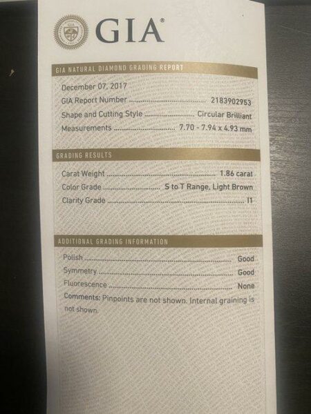 GIA Certified 1.86 Carat S -T I1 Circular Brilliant Diamond - Image 5