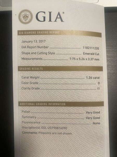 GIA Certified 1.26 Carat D I1 Emerald Cut Diamond - Image 3