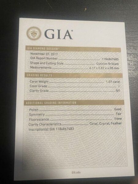 GIA Certified 1.07 Carat I SI1 Cushion Brilliant Diamond - Image 4
