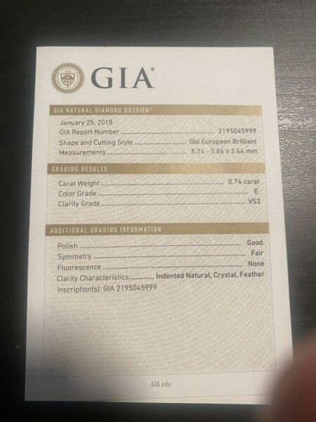 GIA Certified 0.74 Carat E VS2 Old European Brilliant Diamond - Image 4