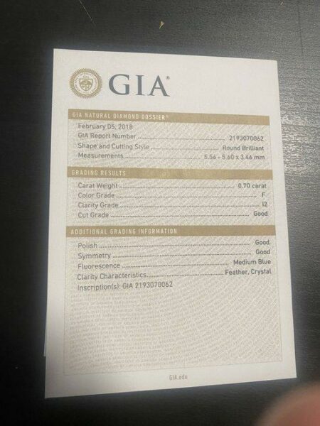 GIA Certified 0.7 Carat F I2 Round Brilliant Diamond - Image 4