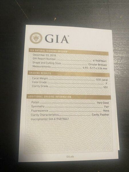 GIA Certified 0.51 Carat F VS1 Circular Brilliant Diamond - Image 3