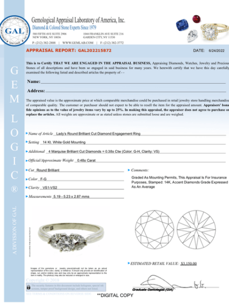 14k White Gold Diamond Ring with .48 CT +- center stone diamond with diamond appraisal - Image 13
