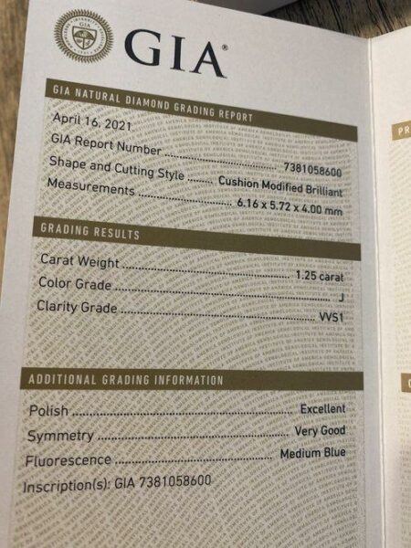 GIA Certified 1.25 CT J VVS2 Cushion Modified Brilliant Cut Diamond Ring - Image 10