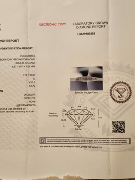 IGI Certified 1.07 CT G VVS2 Lab Grown Round Brilliant Diamond Ring - Image 6