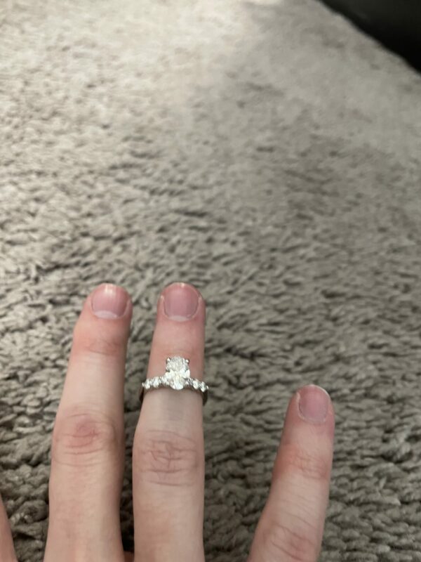 1.36 Gia certified lab-grown  oval D,vvs2 with .42 carat platinum setting with six stones. James Allen - Image 4