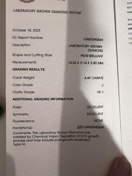 IGI Certified 4.49 CT J VS1 Pear Brilliant Lab Grown Diamond - Image 2