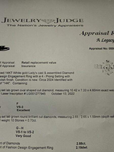 IGI Certified 2.18 CT F VS2 Lab Grown Oval Shaped Cut Diamond Ring - Image 2