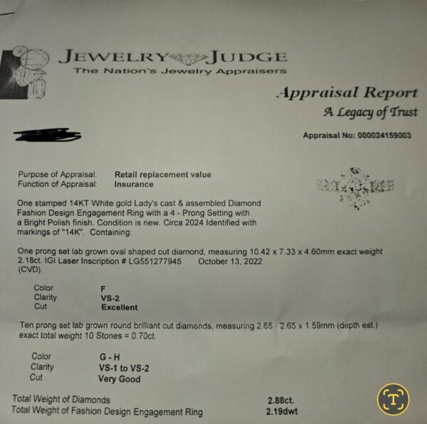 IGI Certified 2.18 CT F VS2 Lab Grown Oval Shaped Cut Diamond Ring - Image 2