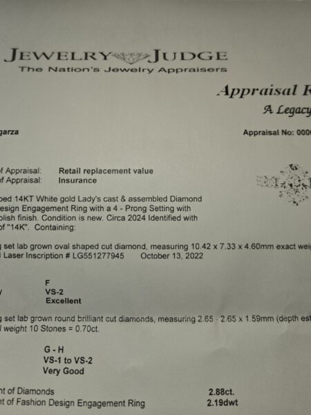 IGI Certified 2.18 CT F VS2 Lab Grown Oval Shaped Cut Diamond Ring - Image 3