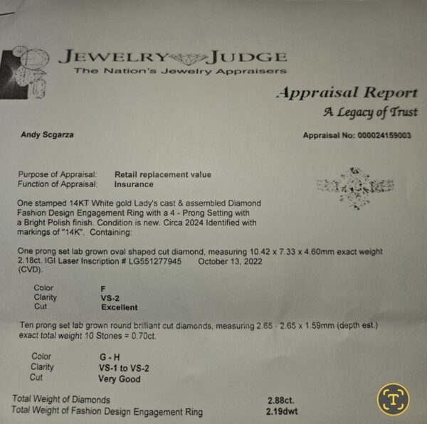 IGI Certified 2.18 CT F VS2 Lab Grown Oval Shaped Cut Diamond Ring - Image 3