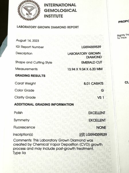 IGI Certified 8.01 CT G VS1 Lab Grown Emerald Cut Diamond Ring - Image 2