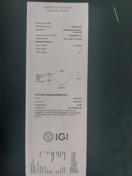 IGI Certified 1.17 CT H SI 1 Lab Grown Pear Cut Loose Diamond - Image 4