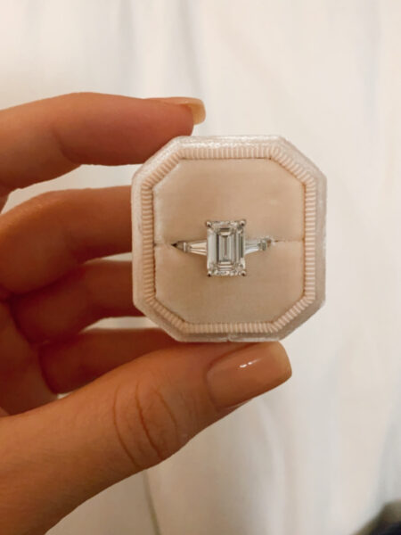 2.97 F VS1 Platinum Emerald Cut Lab Grown Diamond Engagement Ring with Baguettes - Image 3