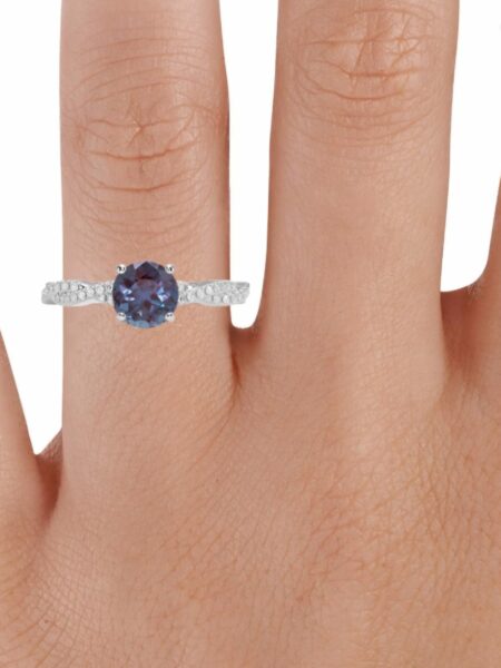 0.23 TW 18 K White Gold Twisted Ring with Round Lab Grown Alexandrite Center Stone - Image 3