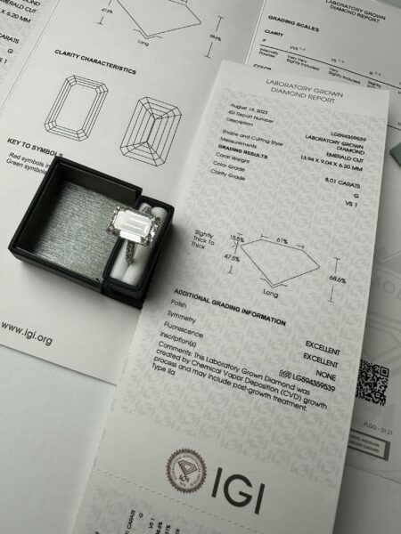 IGI Certified 8.01 CT G VS1 Lab Grown Emerald Cut Diamond Ring - Image 5