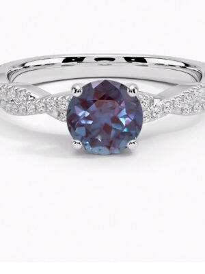 0.23 TW 18 K White Gold Twisted Ring with Round Lab Grown Alexandrite Center Stone