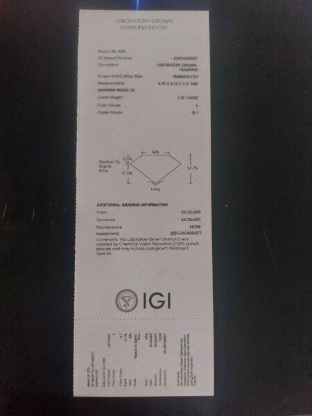 IGI Certified 1.02 CT E SI1 Lab Grown Loose Emerald Cut Diamond - Image 3