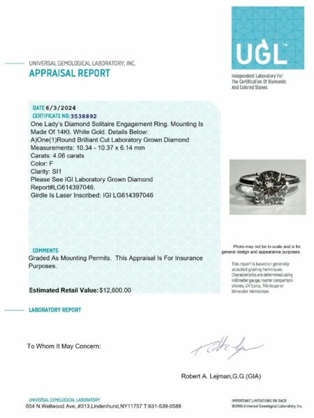 IGI Certified 4.06 CT F SI 1 Lab Grown Solitare Diamond 14kt Ring - Image 2