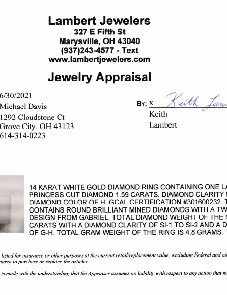 GCAL Certified 1.59 CT H VS 2 Lab Grown Princess Cut Diamond Ring - Image 5