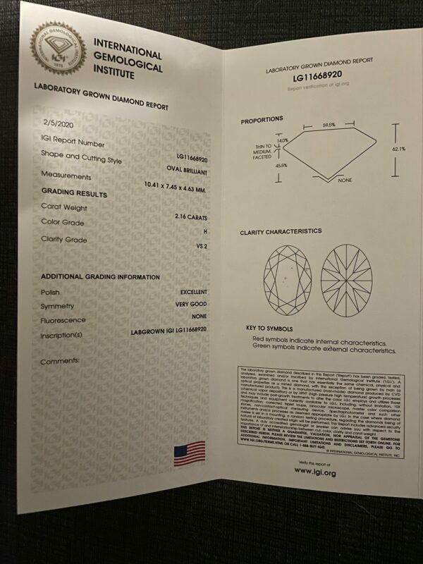 IGI Certified 2.16 CT H VS2 Lab Grown Oval Brilliant Diamond Engagement Ring - Image 2