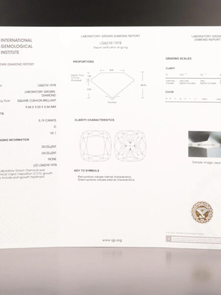 IGI Certified 5.19 CT D VS 1 Lab Grown Square Cushion Brilliant Loose Diamond - Image 5