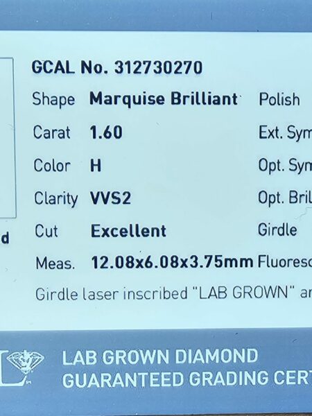 1.6 CT H VVS2 Lab Grown Marquise Brilliant Diamond Ring - Image 4