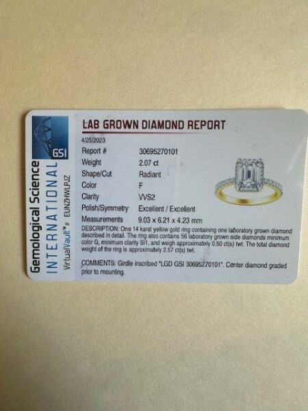 GSI Certified 2.07 CT F VVS2 Radiant Diamond Ring - Image 3