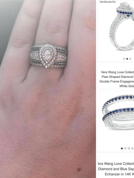 0.25 CT E VS 2 Center Pear Shaped Diamond and Sapphire White Gold Ring Set - Image 4