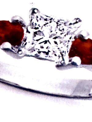 GIA Certified 1.01 CT H VS2 Princess Cut Diamond Ring with Two Faceted Pear Shaped Natural Rubies