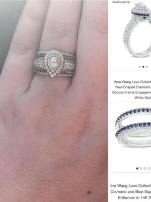 0.25 CT E VS 2 Center Pear Shaped Diamond and Sapphire White Gold Ring Set