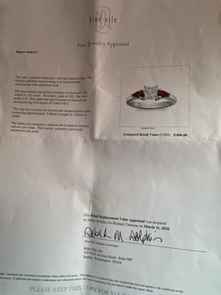 GIA Certified 1.01 CT H VS2 Princess Cut Diamond Ring with Two Faceted Pear Shaped Natural Rubies - Image 7