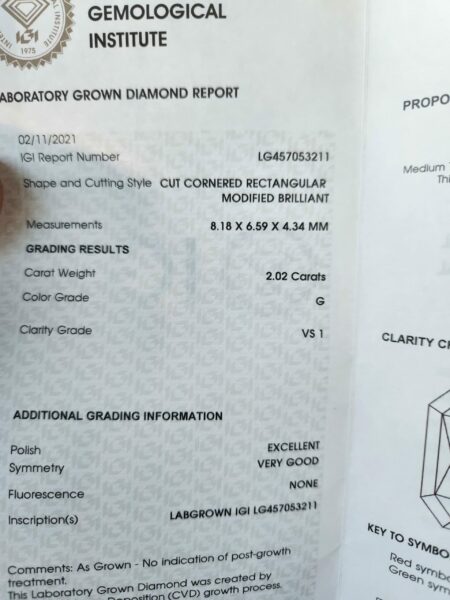 IGI Certified 2.02 CT G VS 1 Lab Grown Cut Cornered Rectangular Modified Brilliant Ring - Image 3
