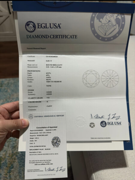 EGL Certified 0.68 CT D VS1 Round Brilliant Diamond Ring - Image 3