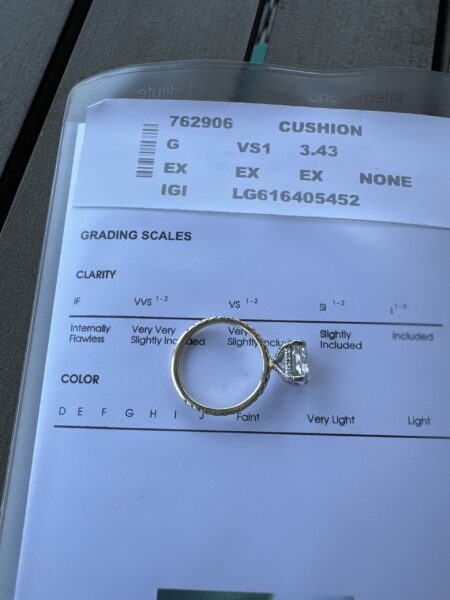 IGI Certified 3.43 CT G VS 1 Lab Grown Cushion Cut Center Brilliant Lab Grown Diamond Ring - Image 7
