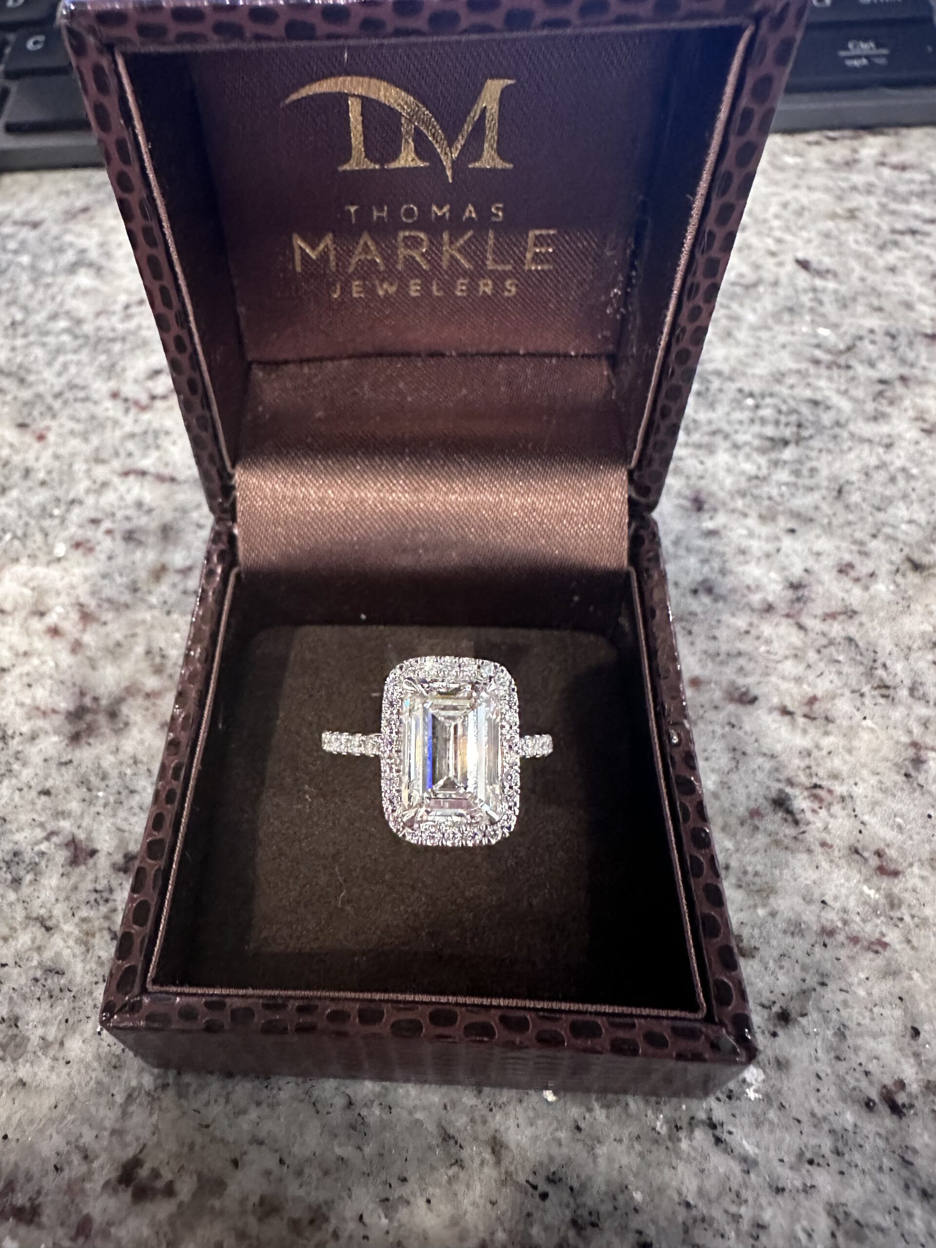 GIA Certified 3.07 CT  F VS2 Halo Emerald Cut Engagement Ring in 14KW with Diamonds on the Sides