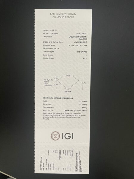 IGI Certified 2.13 CT F VS 2 Oval Brilliant Lab Grown Diamond Ring - Image 3