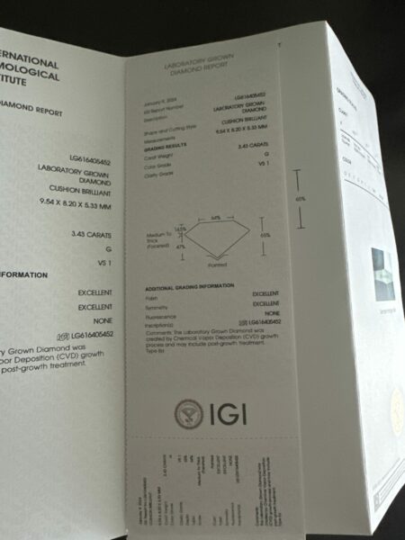 IGI Certified 3.43 CT G VS 1 Lab Grown Cushion Cut Center Brilliant Lab Grown Diamond Ring - Image 3