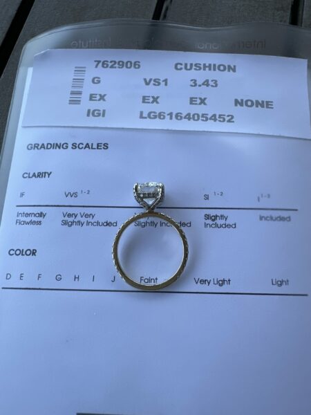 IGI Certified 3.43 CT G VS 1 Lab Grown Cushion Cut Center Brilliant Lab Grown Diamond Ring - Image 6