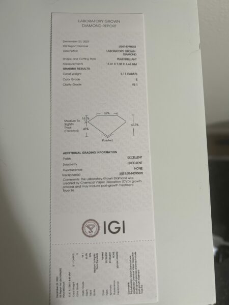 IGI Certified 2.11 CT E VS1 Lab Grown Pear Brilliant Diamond Ring - Image 2