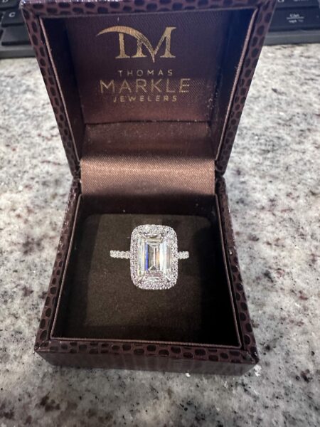 GIA Certified 3.07 CT  F VS2 Halo Lab Grown Emerald Cut Engagement Ring in 14KW with Diamonds on the Sides - Image 4