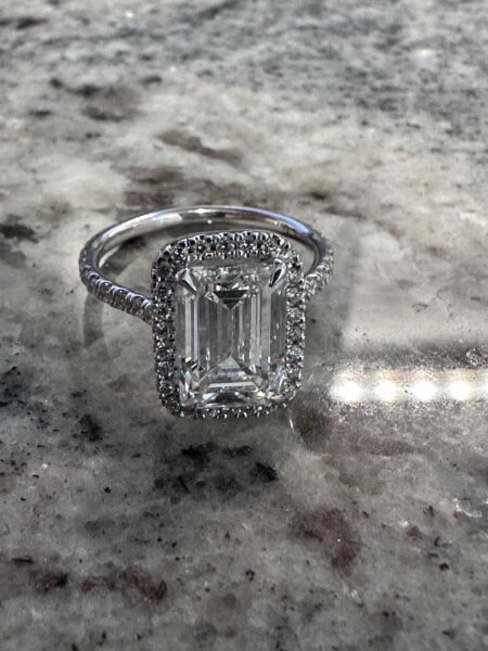 GIA Certified 3.07 CT  F VS2 Halo Lab Grown Emerald Cut Engagement Ring in 14KW with Diamonds on the Sides - Image 2