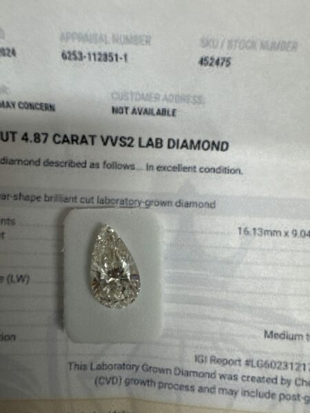 IGI Certified 4.87 CT H VVS2 Lab-Grown Pear Brilliant Loose Diamond - Image 3